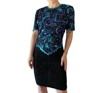 Laurence Kazar Black Dress with Vibrant Blue Beading